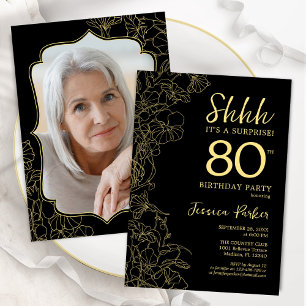 Invitation Elégant Black Gold Photo Surprise 80e anniversaire