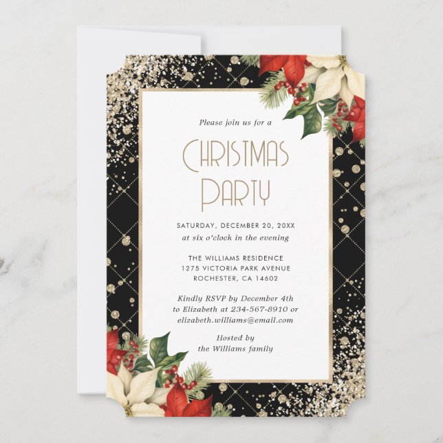 Invitation Elegant Black Gold Poinsettia Christmas Party (Devant)