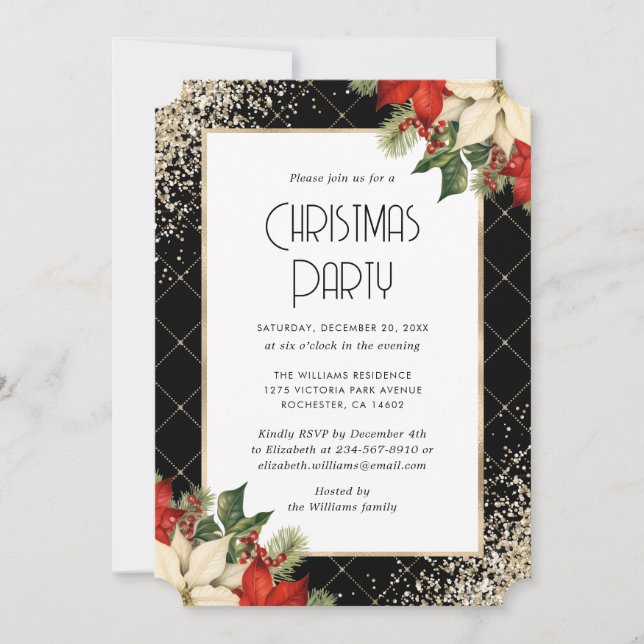 Invitation Elegant Black Gold Poinsettia Christmas Party (Devant)
