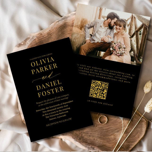 Invitation Elégant Black Gold QR Code Mariage photo classique (Créateur téléchargé)