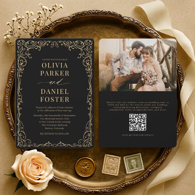 Invitation Elegant Black Gold QR Code Photo Wedding (Créateur téléchargé)