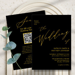 Invitation Élégant Black Gold QR Code Tout en un Mariage chic