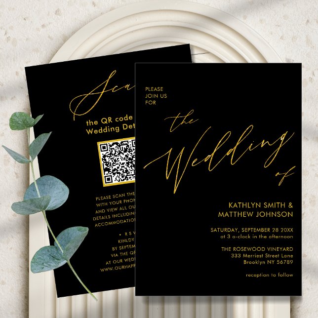 Invitation Élégant Black Gold QR Code Tout en un Mariage chic (Créateur téléchargé)