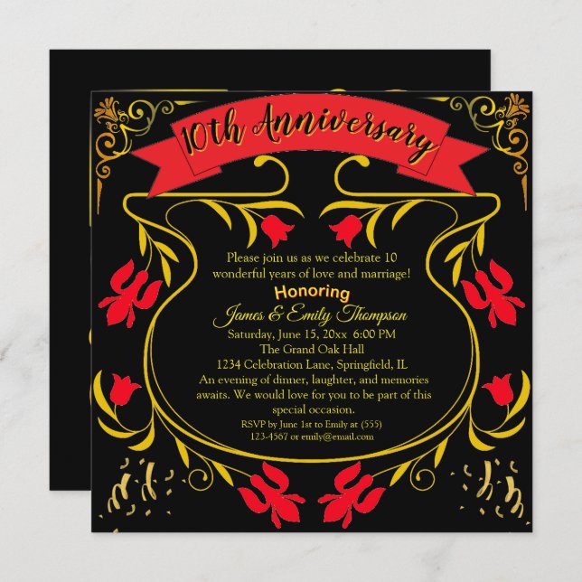 Invitation Elégant Black Gold & Red 10e anniversaire Mariage (Devant / Derrière)