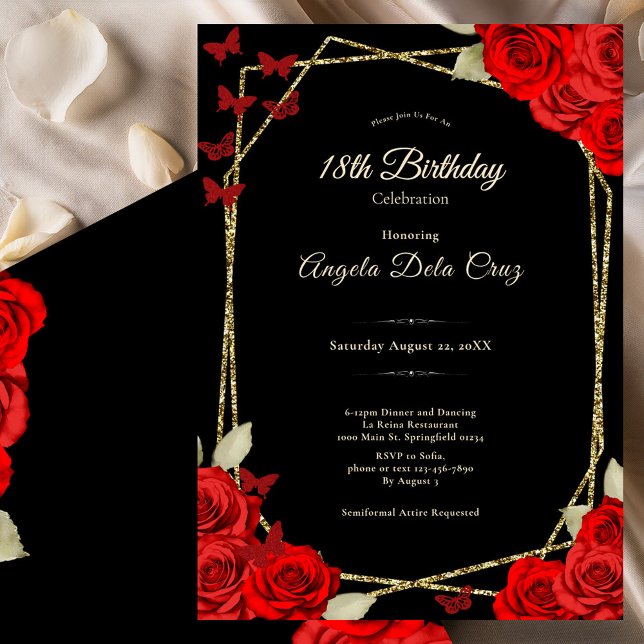 Invitation Elegant Black Gold Red Roses 18th Birthday Debut (Créateur téléchargé)
