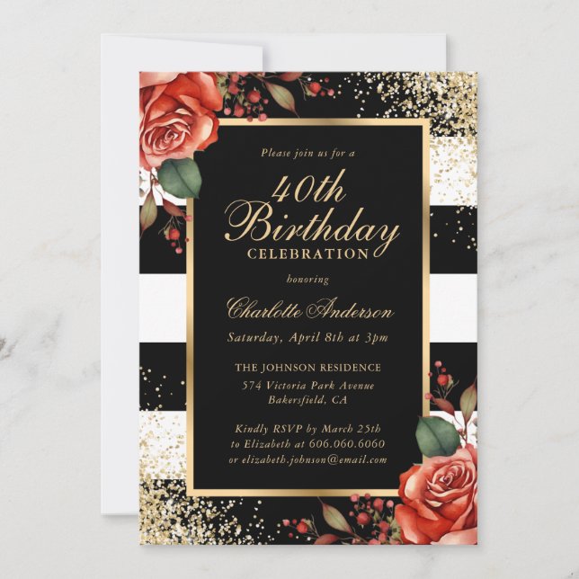 Invitation Elégant Black Gold Red Roses 40e anniversaire (Devant)
