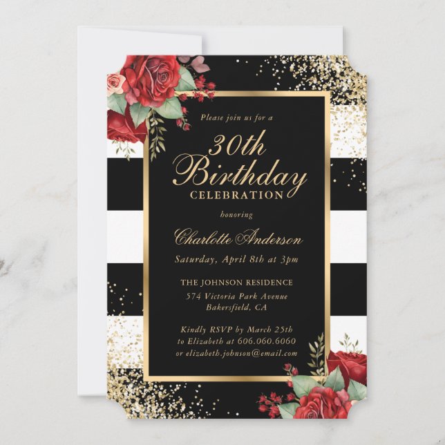 Invitation Elégant Black Gold Red Roses Floral 30e Anniversai (Devant)