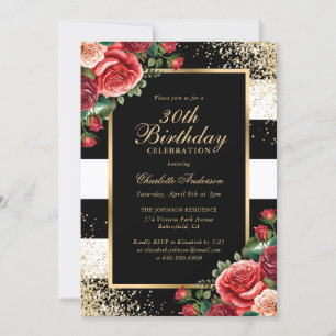 Invitation Elégant Black Gold Rose Floral 30e anniversaire