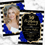Invitation Elégant Black Gold Royal Blue Photo 50e anniversai<br><div class="desc">Elégante invitation à 50e anniversaire fleurie avec votre photo au verso de la carte. Bleu noir blanc bleu roi avec faux or parties scintillant. Il présente des rayures noir et blanc, des roses bleu saphir, des caractères de script et des confettis. Parfait pour une fête anniversaire adulte élégante. Personnalisez avec...</div>