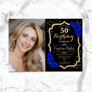 Invitation Elégant Black Gold Royal Blue Photo 50e anniversai