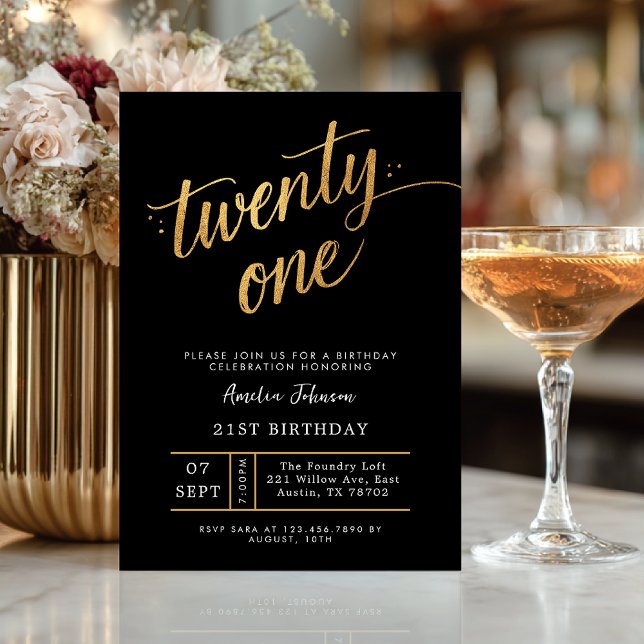 Invitation Elegant Black & Gold Script Eighteen 21st Birthday (Créateur téléchargé)