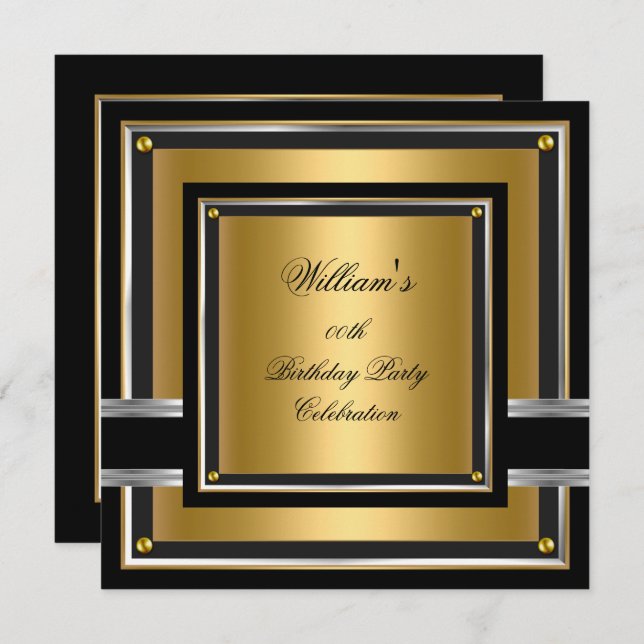 Invitation Elégant Black Gold Silver Hommes Fête d'anniversai (Devant / Derrière)