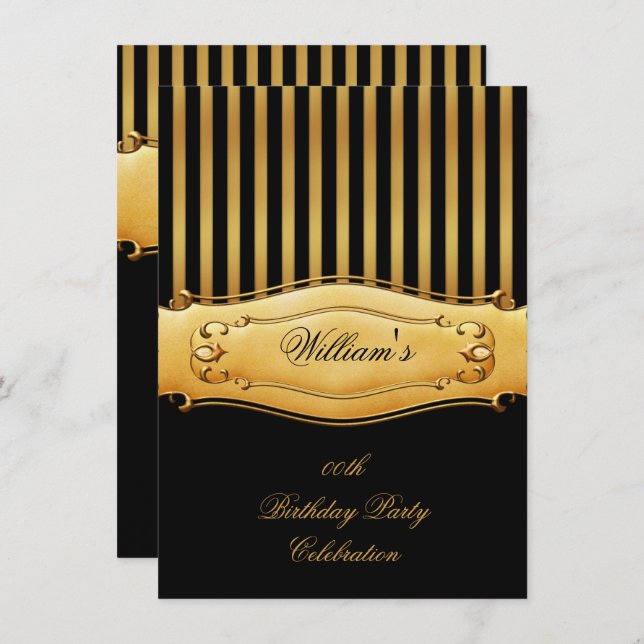 Invitation Élégant Black Gold Stripe Anniversaire Party Homme (Devant / Derrière)