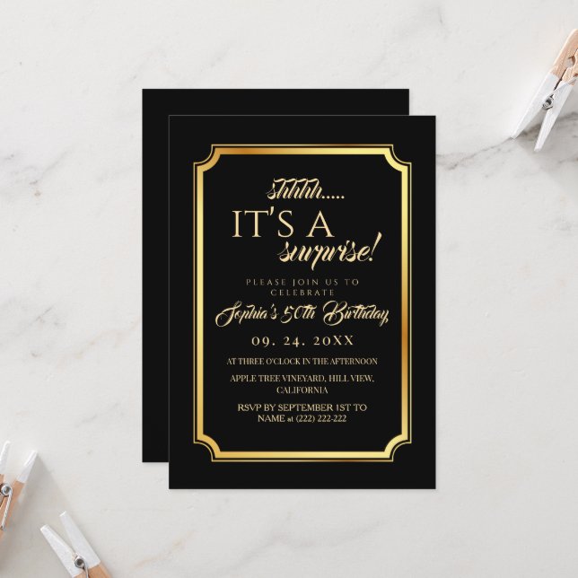 Invitation Elegant Black Gold Surprise 50th Birthday Party (Devant/Arrière en situation)