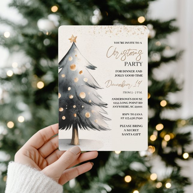 Invitation Elegant Black & Gold Watercolor Christmas (Créateur téléchargé)