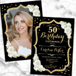 Invitation Elégant Black Gold White Photo 50e anniversaire<br><div class="desc">Elégante invitation à 50ème anniversaire fleurie avec votre photo au dos de la carte. Design noir et blanc glam avec parties scintillant d'or faux. Comprend des roses blanches, des caractères de script et des confettis. Parfait pour une fête anniversaire adulte élégante. Personnalisez avec vos propres détails. Peut être customisé pour...</div>