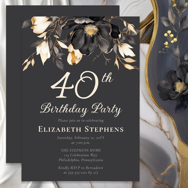 Invitation Elegant Black Magnolia Floral 40th Birthday Party  (Elegant magnolia 40th birthday invitation with soft buttercream typography on charcoal background)