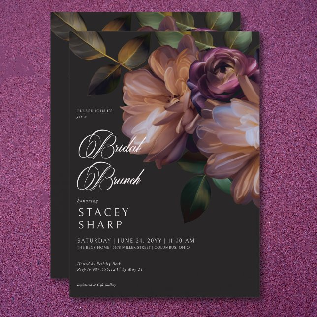 Invitation Élégant Black Moody Floral Bridal Brunch (Elegant Black Moody Floral Bridal Brunch Invitation)