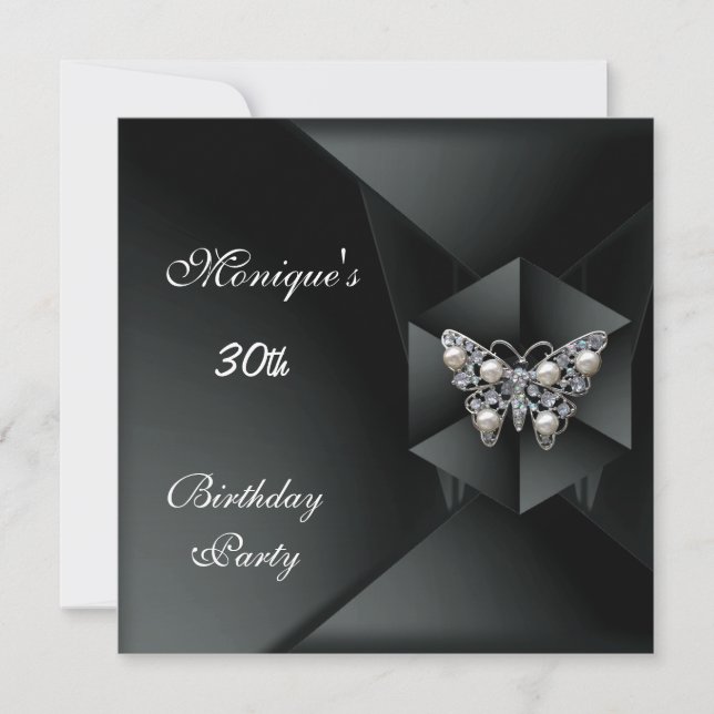 Invitation Elégant Black Pearl Butterfly Jewel 30e anniversai (Devant)