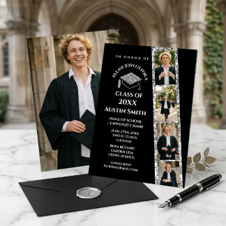 Invitation Elegant Black Photo Strip Graduation with Glitter