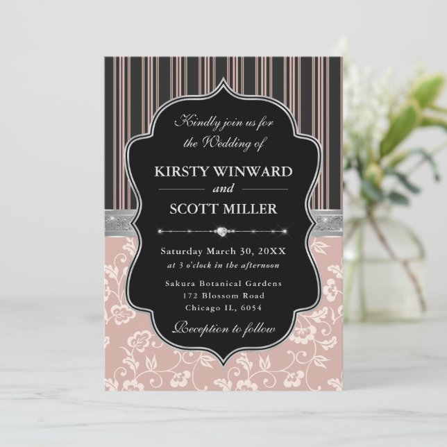 Invitation Elegant Black Pink Frame Floral Wedding (Debout devant)