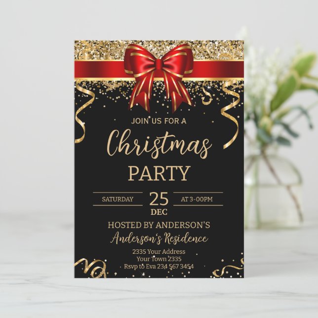 Invitation Elegant Black Red Bow Christmas Holiday Party (Debout devant)