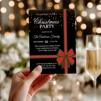 Invitation Elegant Black Red Bow Christmas Holiday Party