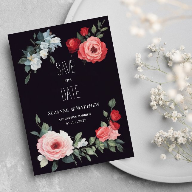 Invitation Elegant black red pink blue roses Save the Date (Elegant black red pink blue roses Save the Date)
