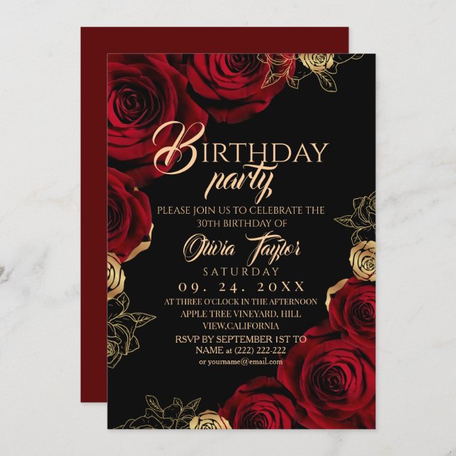 Invitation Elegant Black Red Rose Birthday Party (Devant / Derrière)