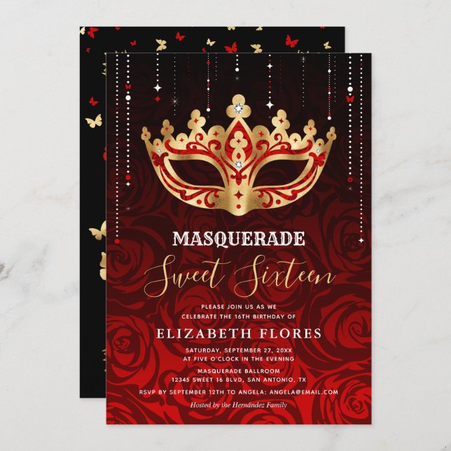 Invitation Elégant Black Red Rose Or Masquerade Sweet 16 (Devant / Derrière)