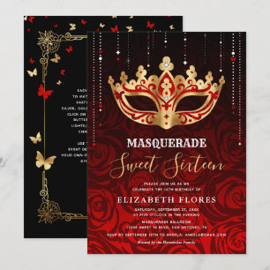 Invitation Elégant Black Red Rose Or Masquerade Sweet 16