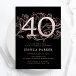 Invitation Elégant Black Rose Gold 40e anniversaire<br><div class="desc">Elégante invitation de fête de 40e anniversaire de rose noir or. Design féminin moderne et personnalisable, avec des accents botaniques rose et de l'or rose faux parties scintillant. Carte invitation florale simple parfaite pour une célébration anniversaire élégante. Personnalisez avec vos propres détails. Invitations Zazzle imprimées ou téléchargement instantané modèle imprimable...</div>