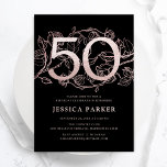Invitation Elégant Black Rose Gold 50e anniversaire<br><div class="desc">Elégante invitation à la fête du 50ème anniversaire de rose noir or. Design féminin moderne et personnalisable, avec des accents botaniques rose et de l'or rose faux parties scintillant. Carte invitation florale simple parfaite pour une célébration anniversaire élégante. Personnalisez avec vos propres détails. Invitations Zazzle imprimées ou téléchargement instantané modèle...</div>