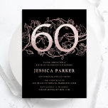 Invitation Elégant Black Rose Gold 60e anniversaire<br><div class="desc">Elégante invitation de fête de 60e anniversaire de rose noir or. Design féminin moderne et personnalisable, avec des accents botaniques rose et de l'or rose faux parties scintillant. Carte invitation florale simple parfaite pour une célébration anniversaire élégante. Personnalisez avec vos propres détails. Invitations Zazzle imprimées ou téléchargement instantané modèle imprimable...</div>
