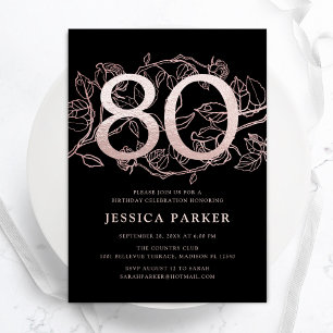 Invitation Elégant Black Rose Gold 80e anniversaire