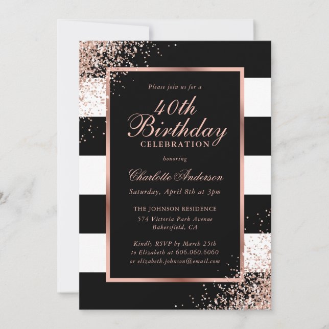 Invitation Elégant Black Rose Gold Confetti 40e anniversaire (Devant)