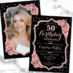 Invitation Elégant Black Rose Gold Photo 50e anniversaire<br><div class="desc">Elégante invitation à 50ème anniversaire fleurie avec votre photo au dos de la carte. Design noir et rose glam avec faux or rose parties scintillant. Comprend des roses rose pâle, des caractères de script et des confettis. Parfait pour une fête anniversaire adulte élégante. Personnalisez avec vos propres détails. Peut être...</div>