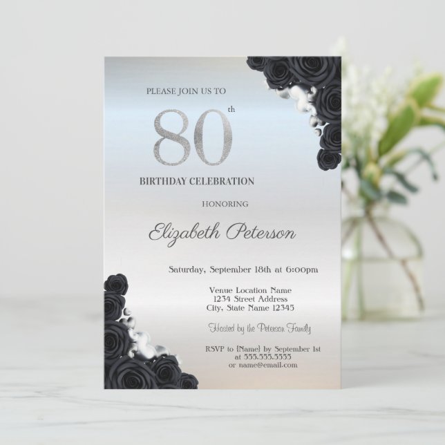 Invitation Elégant Black Roses Argent 80e anniversaire (Debout devant)