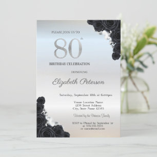 Invitation Elégant Black Roses Argent 80e anniversaire