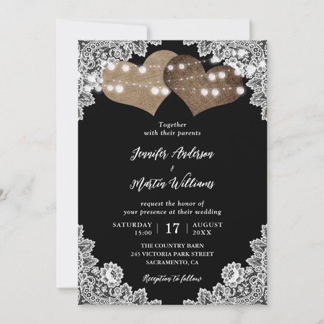 Invitation Elégant Black Rustic Hearts Floral Mariage dentell (Devant)