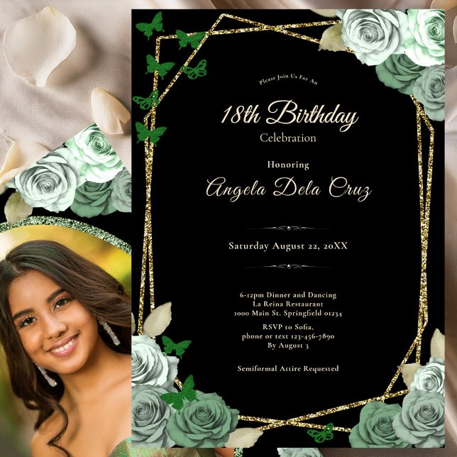 Invitation Elegant Black Sage Green Rose 18th Birthday Debut  (Créateur téléchargé)