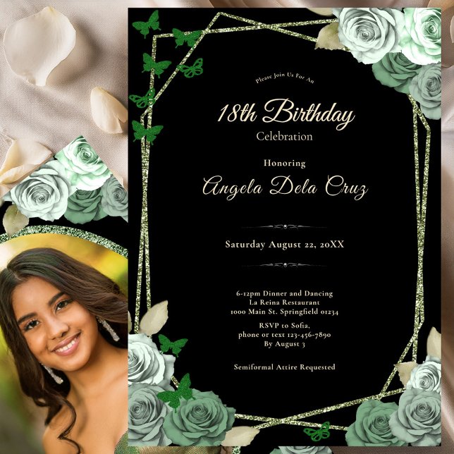 Invitation Elegant Black Sage Green Rose 18th Birthday Debut  (Créateur téléchargé)