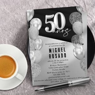 Invitation Elégant Black Silver Balloons 50e anniversaire fêt