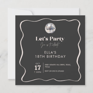 Invitation Élégant Black & Silver Disco Ball 18e anniversaire