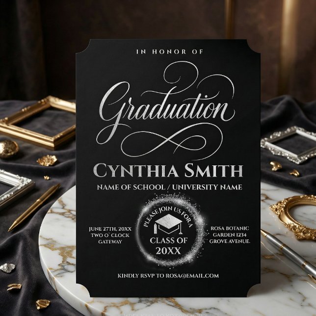 Invitation Elegant Black & silver Graduation  (#graduationcalligraphy #roundsilver #silvergraduation #blackandwhite #luxurygraduationinvitation)