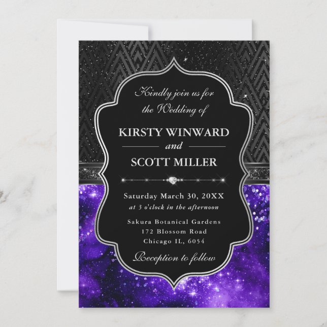 Invitation Elegant Black Silver Purple Galaxy Glitter Wedding (Devant)