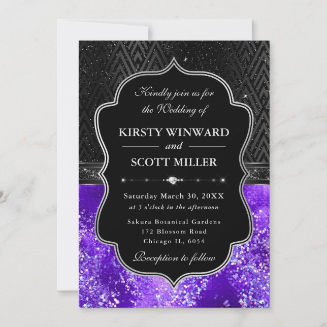 Invitation Elegant Black Silver Purple Glitter Wedding (Devant)