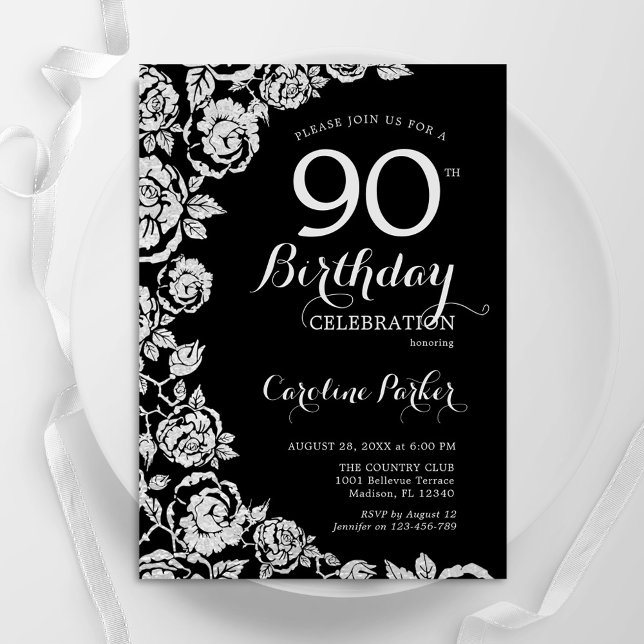 Invitation Elégant Black Silver Roses 90e anniversaire fête (Créateur téléchargé)