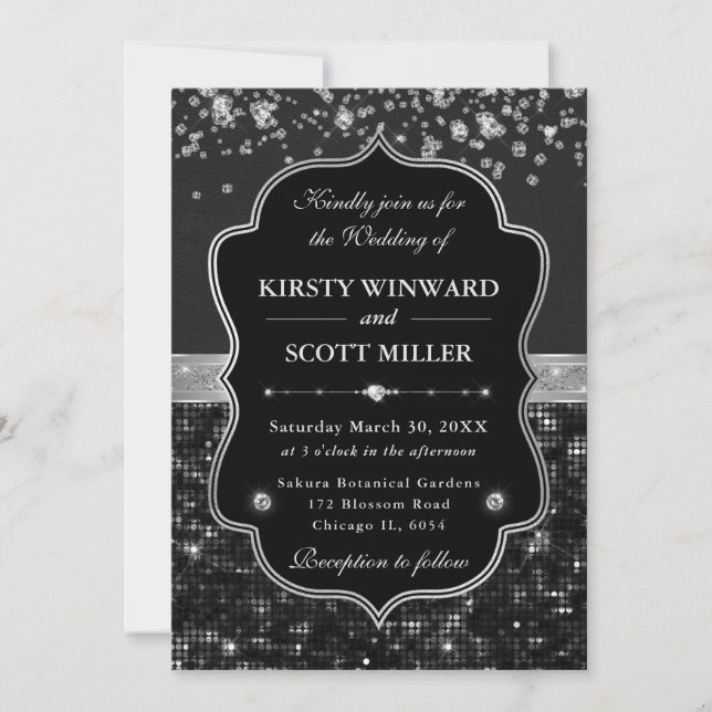 Invitation Elegant Black & Silver Sparkling Glitter Wedding (Devant)