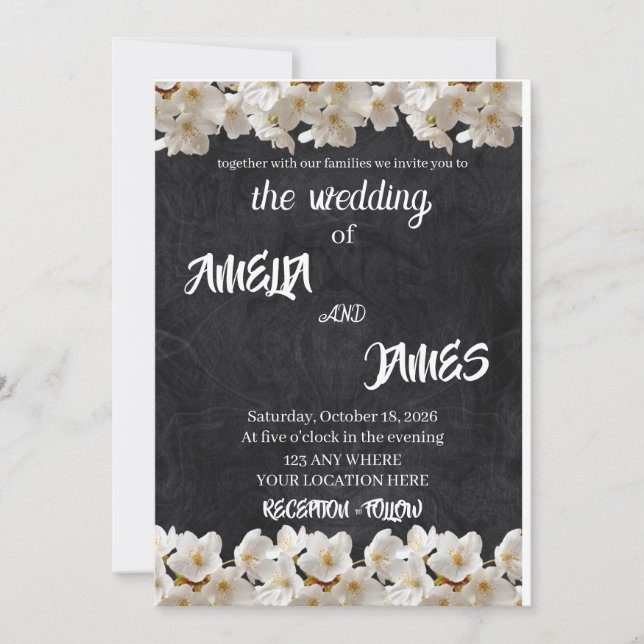 Invitation Elegant Black Textured & White Cherry Blossom (Devant)